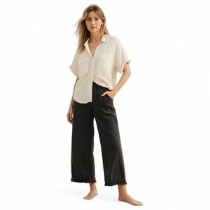 Match Point Black Linen Ruffle Hem Pants‎ M Minimalist Coastal Boho Made in USA